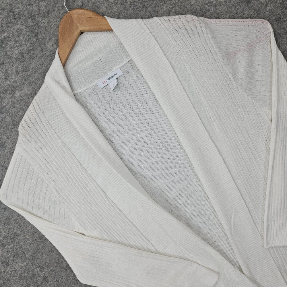 Liz Claiborne Cardigan Women 1X White Ribbed Knit Open Front Long Sleeve Sweater